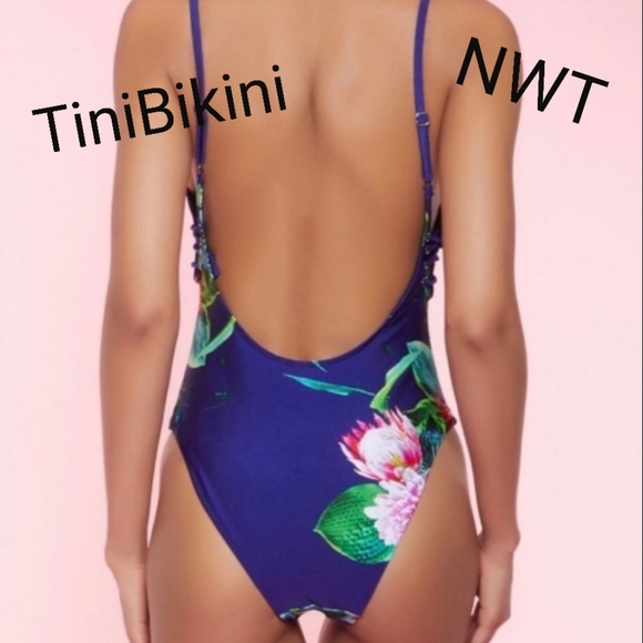 TiNiBiKiNi Navy Blue Tropical Print One Piece Swimsuit Sz Small NWT - Picture 1 of 13